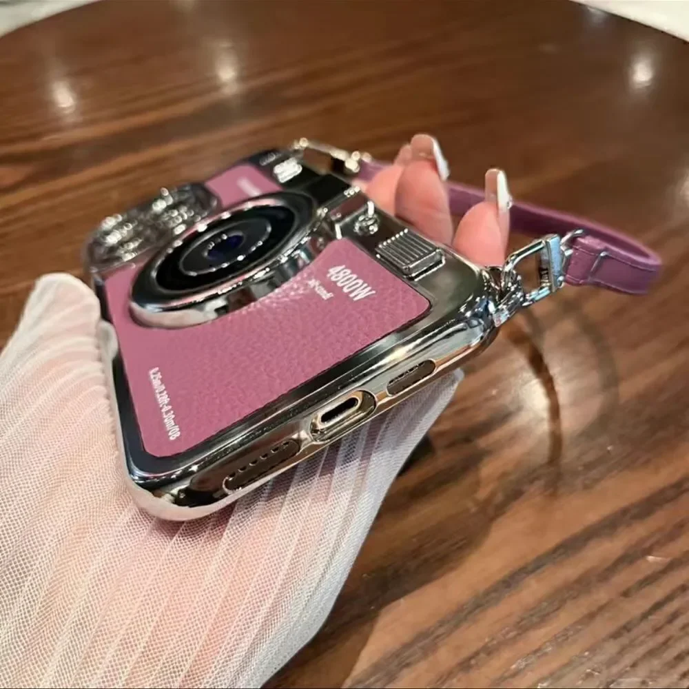 NWT iPhone, pro X retro 3-D vintage camera case with a strap purple